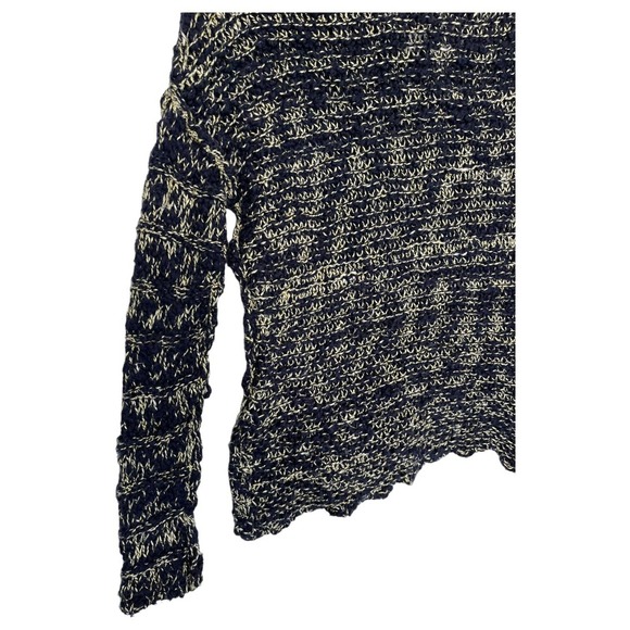 Free People Sweater Womens S High Low Open Knit V Neck Linen Cotton Blue Cream - Picture 13 of 15